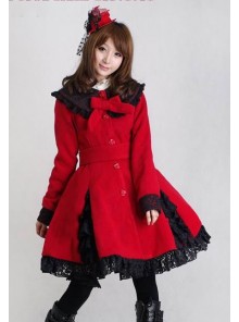 Glamorous Red Long Sleeves Bow Black Lace Lolita Coat