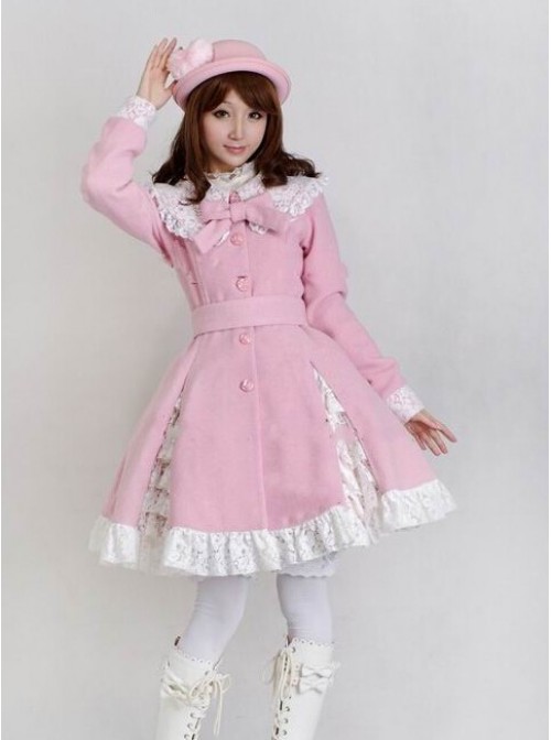 Glamorous Pink Long Sleeves Bow White Lace Lolita Coat