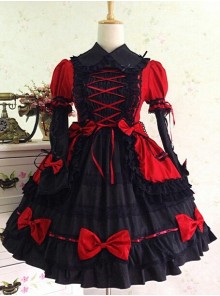 Gothic Long Sleeves Red And Black Lace Cotton Lolita Dress