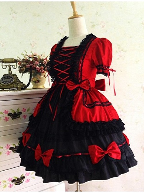 Gothic Long Sleeves Red And Black Lace Cotton Lolita Dress