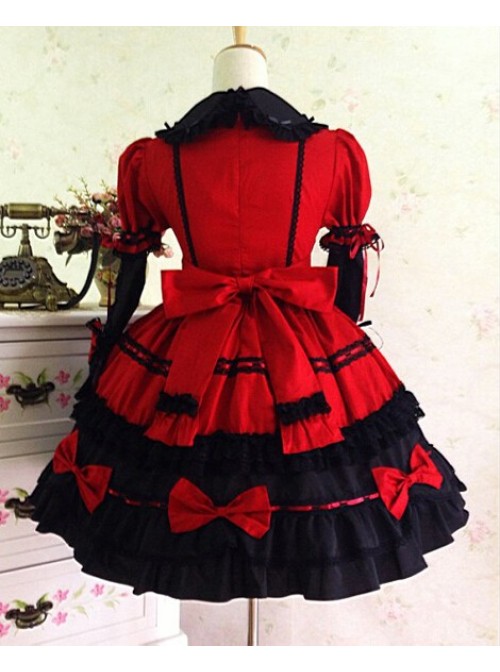 Gothic Long Sleeves Red And Black Lace Cotton Lolita Dress