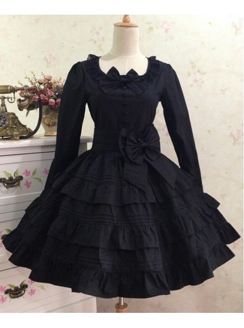 Gothic Long Sleeves Black Cotton Lolita Dress