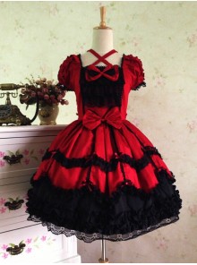 Sweet Short Sleeves Red And Black Lace Cotton Lolita Dress