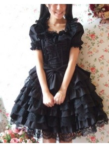 Black Short Sleeves Ruffle Sweet Cotton Lolita Dress