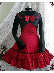 Red Long Sleeves Bow Preppy Style Cotton Sweet Lolita Dress With Cape