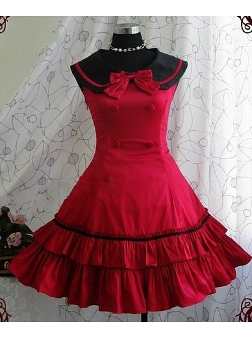 Red Long Sleeves Bow Preppy Style Cotton Sweet Lolita Dress With Cape