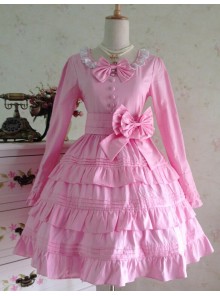 Sweet Long Sleeves Pink Bow Cotton Lolita Dress