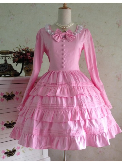 Sweet Long Sleeves Pink Bow Cotton Lolita Dress