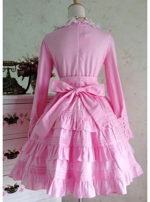 Sweet Long Sleeves Pink Bow Cotton Lolita Dress