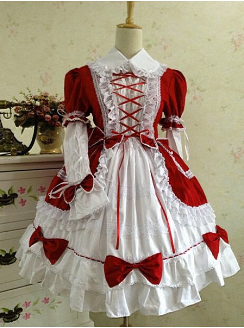 Gothic Long Sleeves Red And White Lace Cotton Lolita Dress