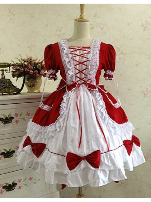 Gothic Long Sleeves Red And White Lace Cotton Lolita Dress