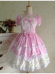 Sweet Short Sleeves Pink Lace Cotton Lolita Dress