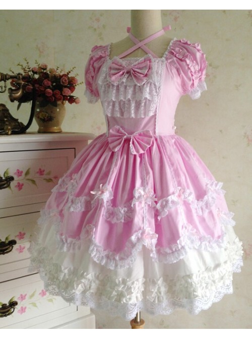 Sweet Short Sleeves Pink Lace Cotton Lolita Dress