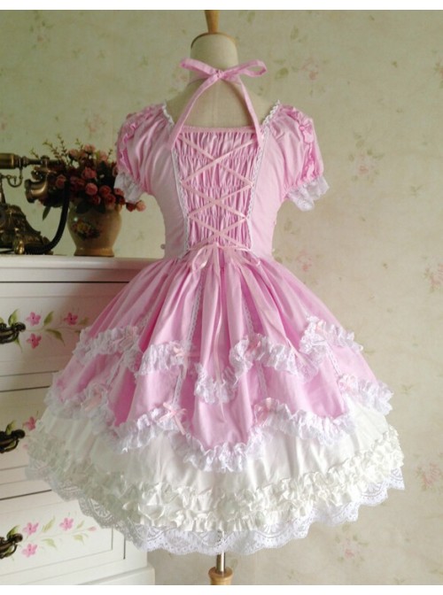 Sweet Short Sleeves Pink Lace Cotton Lolita Dress