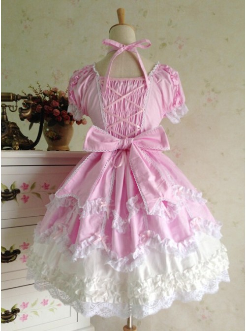 Sweet Short Sleeves Pink Lace Cotton Lolita Dress