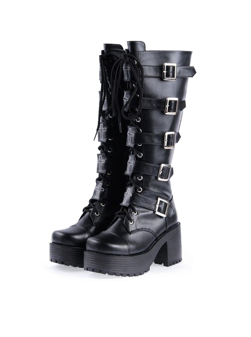 Black PU Straps Buckles Punk Rock Women's Gothic Lolita High Heel Boots