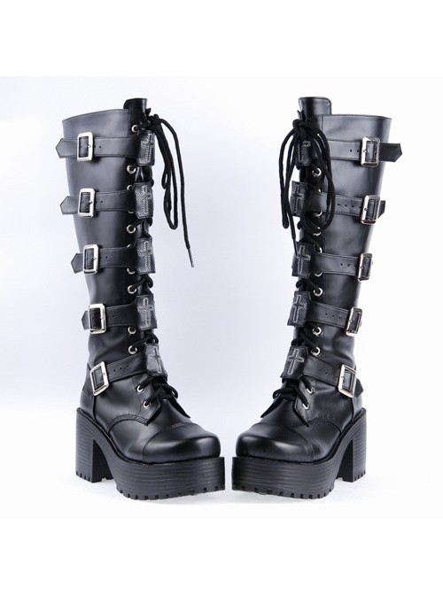 Black PU Straps Buckles Punk Rock Women's Gothic Lolita High Heel Boots