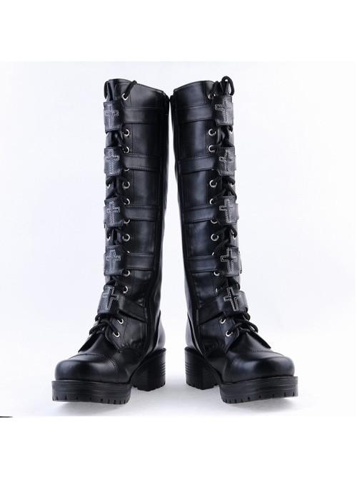 Black PU Straps Buckles Punk Rock Women's Gothic Lolita High Heel Boots