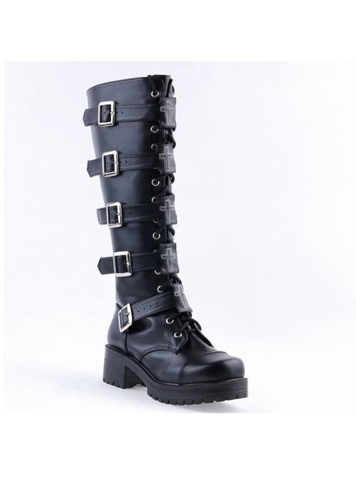 Black PU Straps Buckles Punk Rock Women's Gothic Lolita High Heel Boots