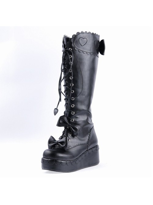 Black 2.4" High Heel Cute PU Bow Decoration Sweet Girls Lolita Boots