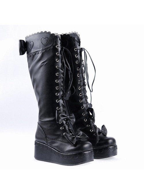 Black 2.4" High Heel Cute PU Bow Decoration Sweet Girls Lolita Boots