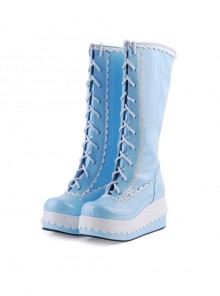 Sky Blue 2.8" High Heel Cute PU Round Toe Sweet Girls Lolita Boots