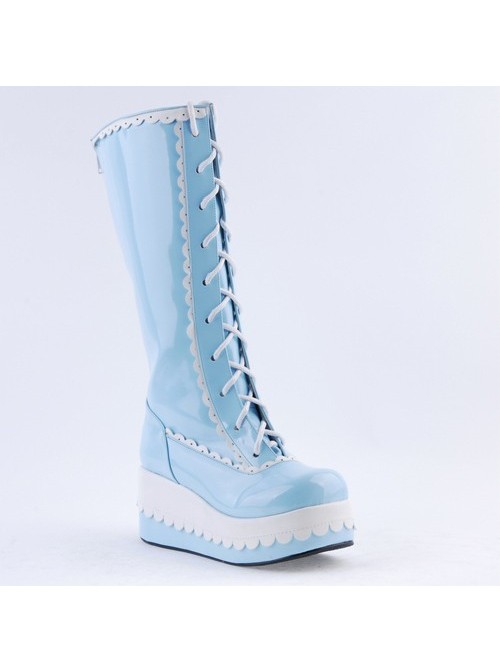 Sky Blue 2.8" High Heel Cute PU Round Toe Sweet Girls Lolita Boots