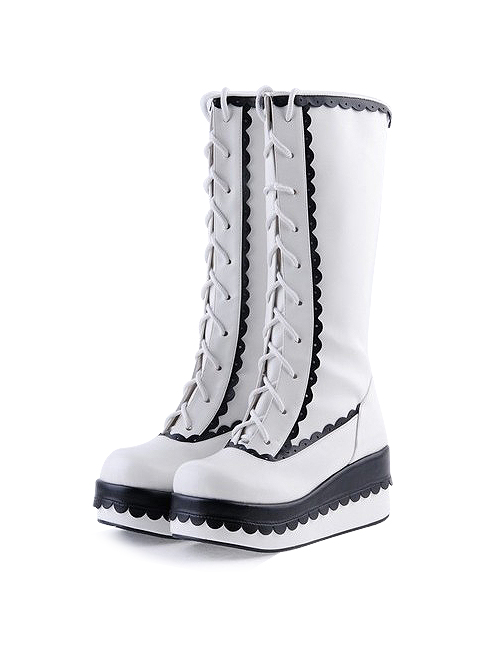 Black and White 2.8" Lovely PU Round Toe Sweet Girls Lolita Boots