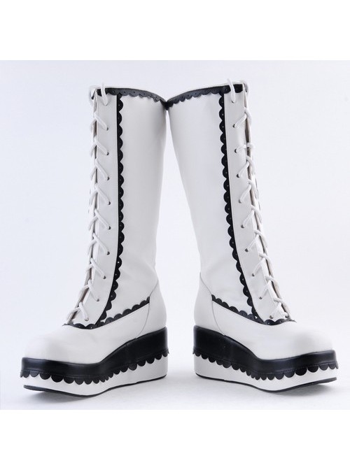 Black and White 2.8" Lovely PU Round Toe Sweet Girls Lolita Boots