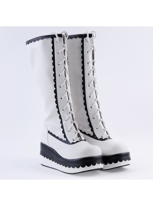 Black and White 2.8" Lovely PU Round Toe Sweet Girls Lolita Boots