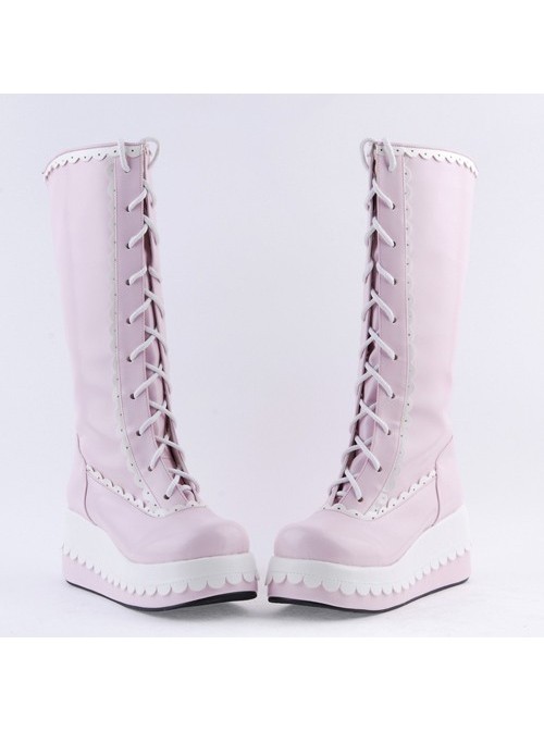 Pink and White 2.8" Adorable PU Round Toe Sweet Girls Lolita Boots