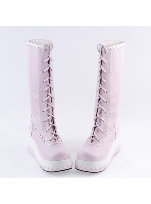 Pink and White 2.8" Adorable PU Round Toe Sweet Girls Lolita Boots