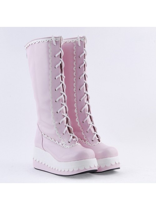 Pink and White 2.8" Adorable PU Round Toe Sweet Girls Lolita Boots