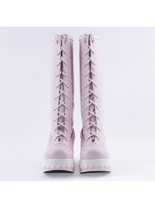 Pink and White 2.8" Adorable PU Round Toe Sweet Girls Lolita Boots