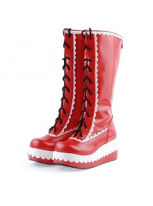 Red and White 2.8" Stylish PU Round Toe Sweet Girls Lolita Boots