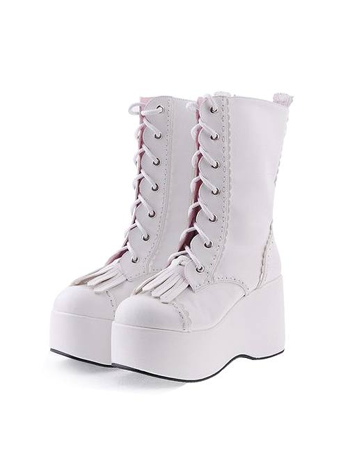 White 3.5" High Heel Cute Patent Leather Round Toe Mid-calf GirlsLolita Boots