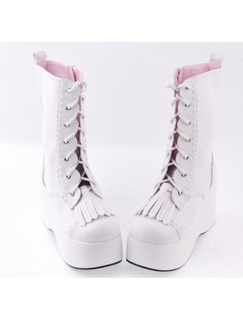 White 3.5" High Heel Cute Patent Leather Round Toe Mid-calf GirlsLolita Boots