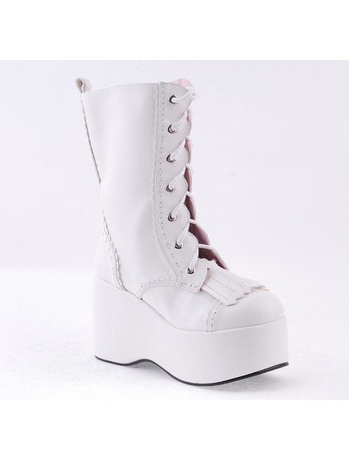 White 3.5" High Heel Cute Patent Leather Round Toe Mid-calf GirlsLolita Boots