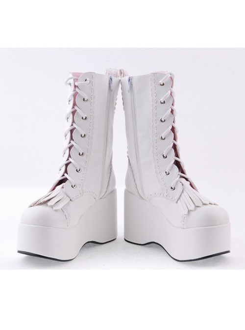 White 3.5" High Heel Cute Patent Leather Round Toe Mid-calf GirlsLolita Boots