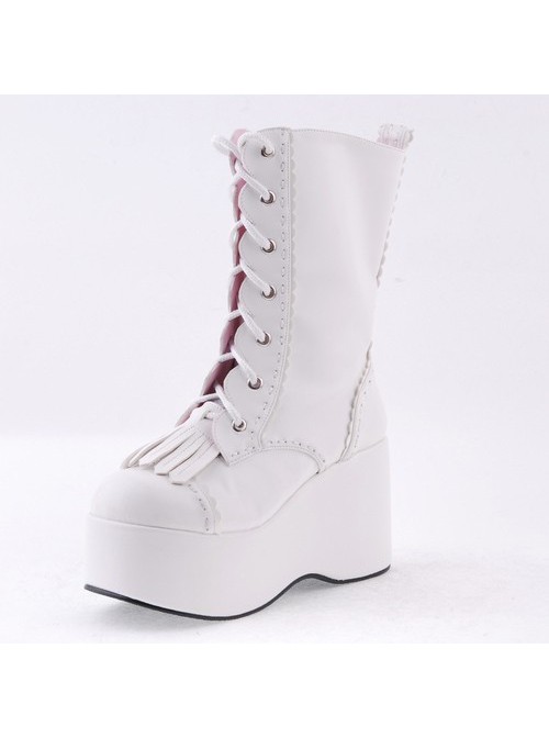 White 3.5" High Heel Cute Patent Leather Round Toe Mid-calf GirlsLolita Boots