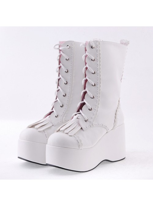 White 3.5" High Heel Cute Patent Leather Round Toe Mid-calf GirlsLolita Boots