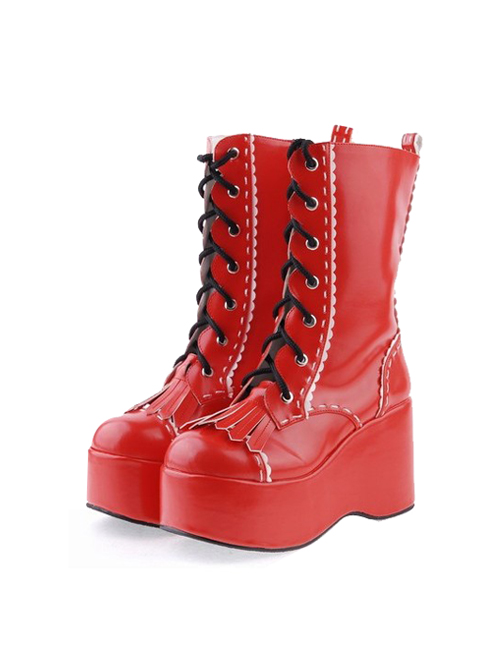 Red 3.5" High Heel Beautiful Patent Leather Round Toe Mid-calf LadyLolita Boots