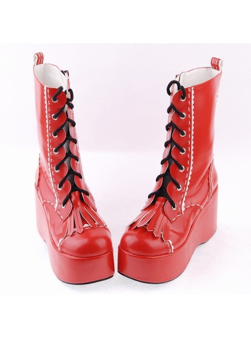 Red 3.5" High Heel Beautiful Patent Leather Round Toe Mid-calf LadyLolita Boots