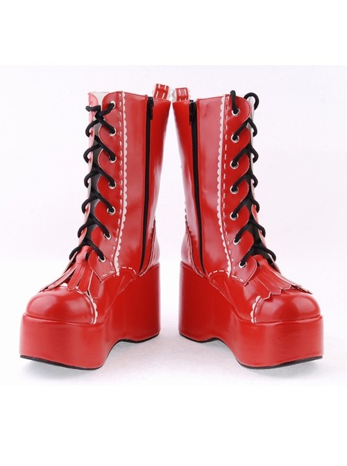 Red 3.5" High Heel Beautiful Patent Leather Round Toe Mid-calf LadyLolita Boots