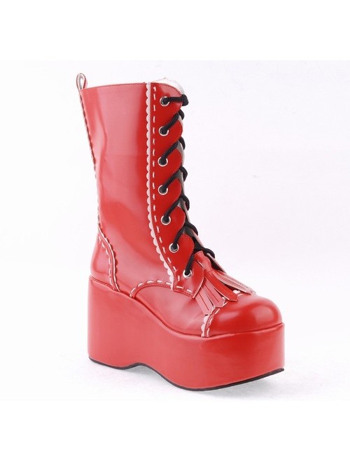 Red 3.5" High Heel Beautiful Patent Leather Round Toe Mid-calf LadyLolita Boots