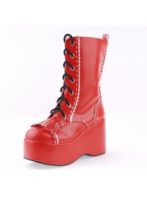 Red 3.5" High Heel Beautiful Patent Leather Round Toe Mid-calf LadyLolita Boots