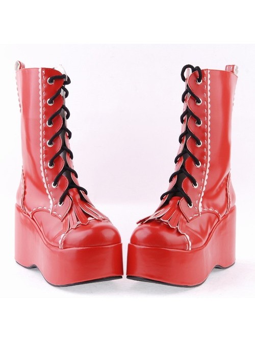 Red 3.5" High Heel Beautiful Patent Leather Round Toe Mid-calf LadyLolita Boots