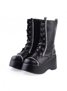 Black 3.5" High Heel Stylish Patent Leather Round Toe Mid-calf LadyLolita Boots