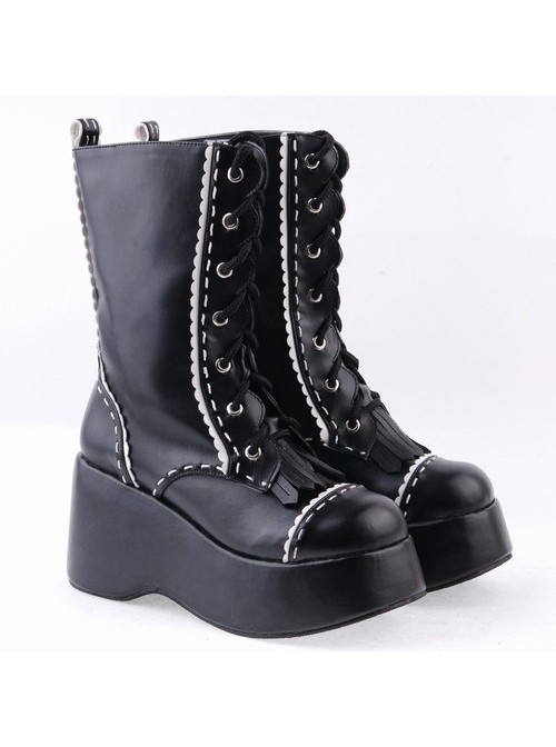 Black 3.5" High Heel Stylish Patent Leather Round Toe Mid-calf LadyLolita Boots