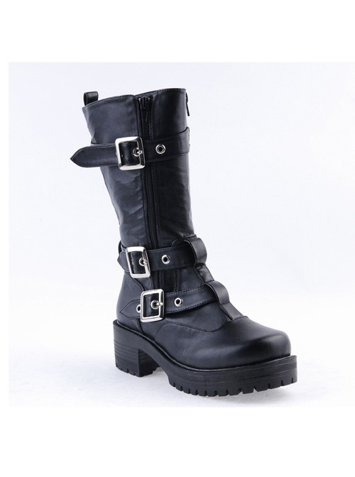 Black 2.2" High Heel Gorgeous Patent Leather Ankle Straps Punk Style Women's Lolita Boots